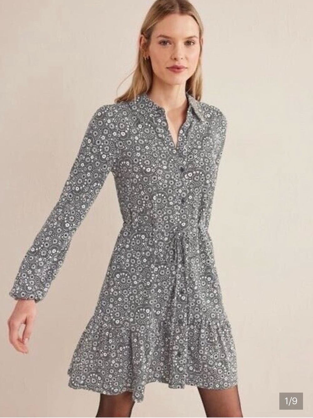 Boden Long-Sleeve Black and White Floral Shirt Dress US 12L